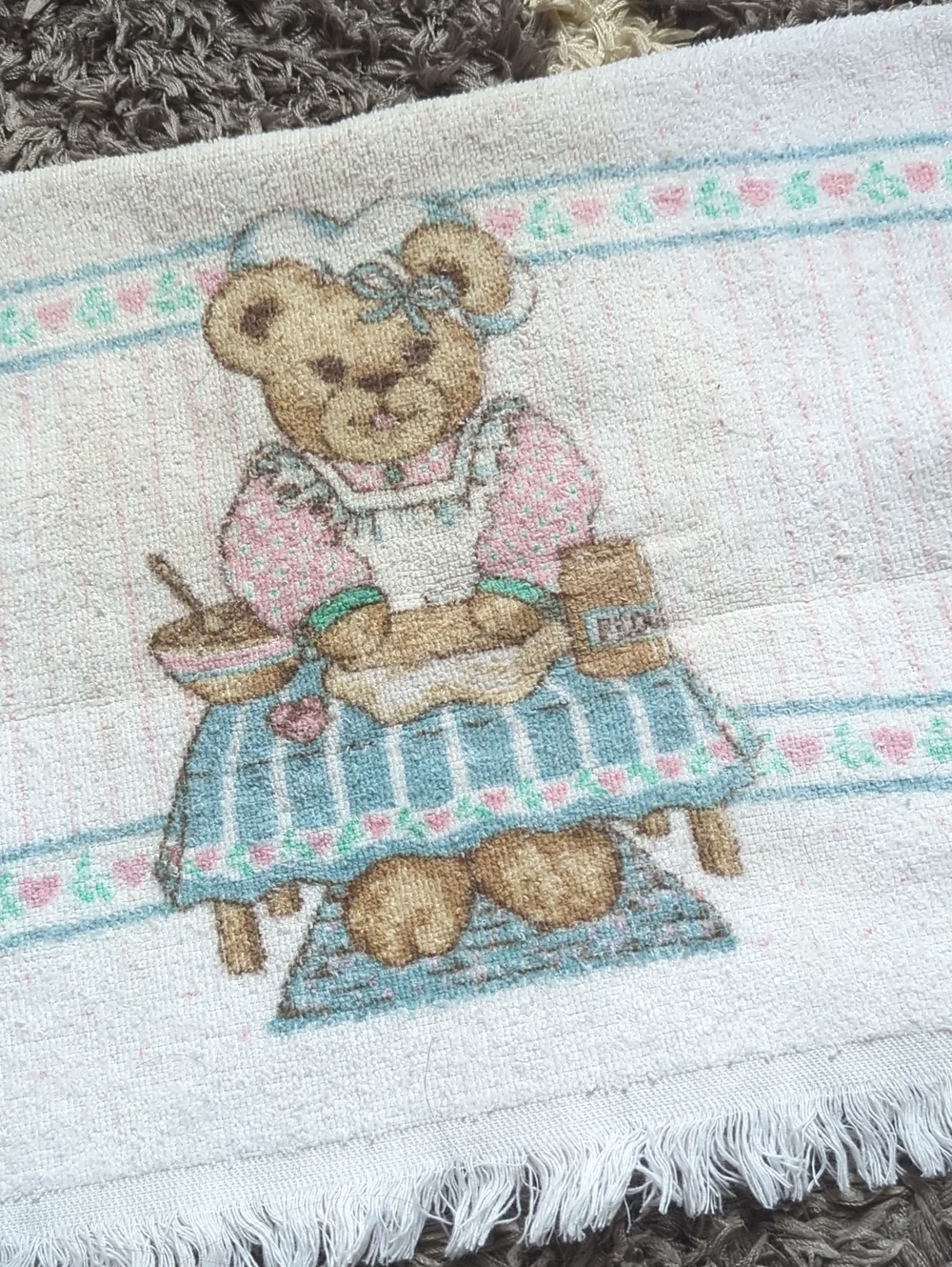 Cute Vintage Grannycore Teddy Bear Kitchen Towel Pink and Teal With Hearts